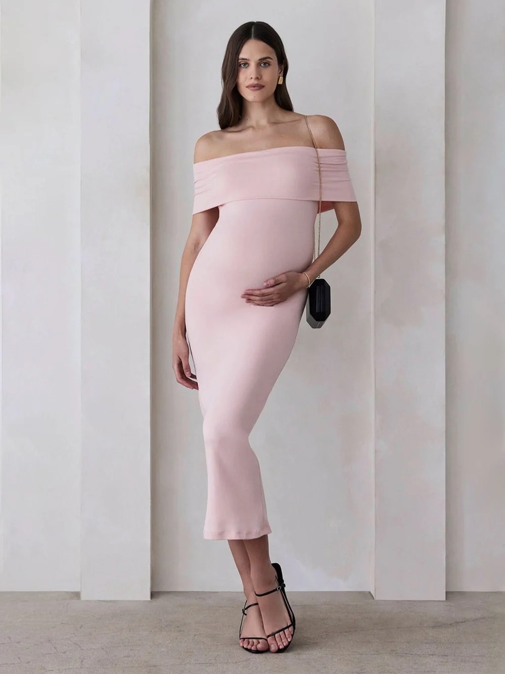 NWT Off-Shoulder Blush Pink Midi Maternity Bumpsuit Dress